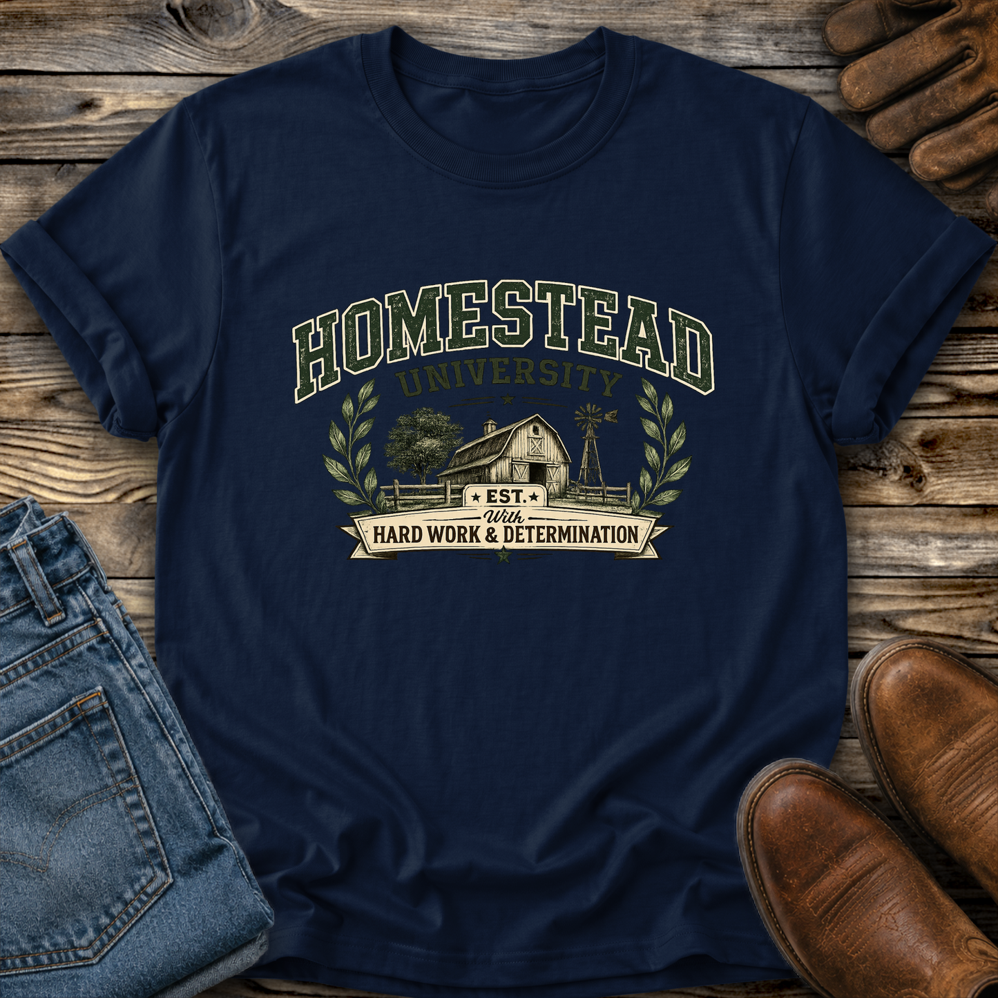 navy tshirt with a farm graphic that says homestead university
