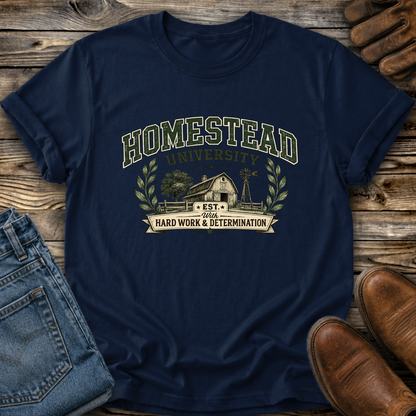 navy tshirt with a farm graphic that says homestead university