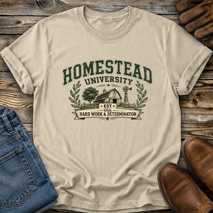 beige tshirt with a farm graphic that says homestead university