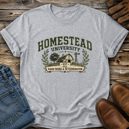 gray tshirt with a farm graphic that says homestead university