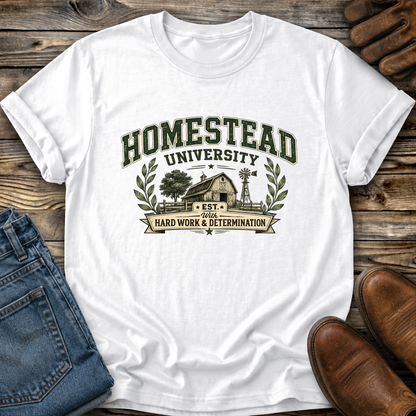 white tshirt with a farm graphic that says homestead university