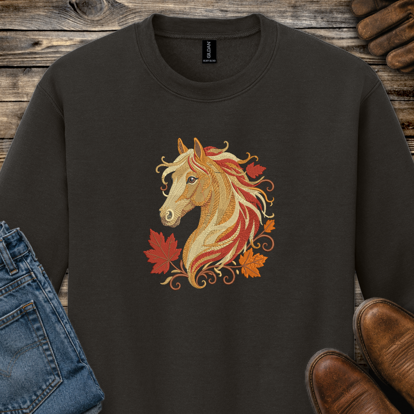 A dark brown crewneck sweatshirt featuring a graphic of a golden horse head surrounded by red and orange autumn leaves. The sweatshirt is styled in a flat-lay arrangement on a rustic wooden background, with blue jeans, brown leather shoes, and leather gloves partially visible.