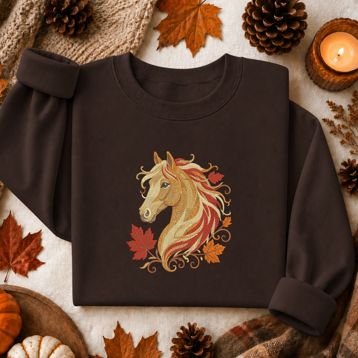 A dark brown crewneck sweatshirt with a detailed graphic of a golden horse head surrounded by autumn leaves, presented in a cozy flat-lay arrangement with pinecones, pumpkins, and a lit candle.