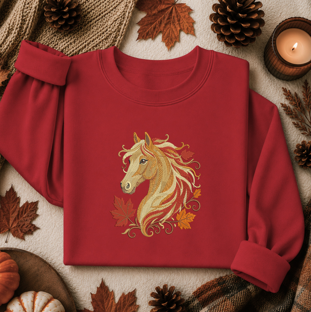 A red long-sleeve crewneck sweatshirt laid flat on a neutral fabric background, decorated with autumn leaves, pinecones, a candle, and small pumpkins. The front features a graphic of a horse head surrounded by orange and yellow autumn leaves.