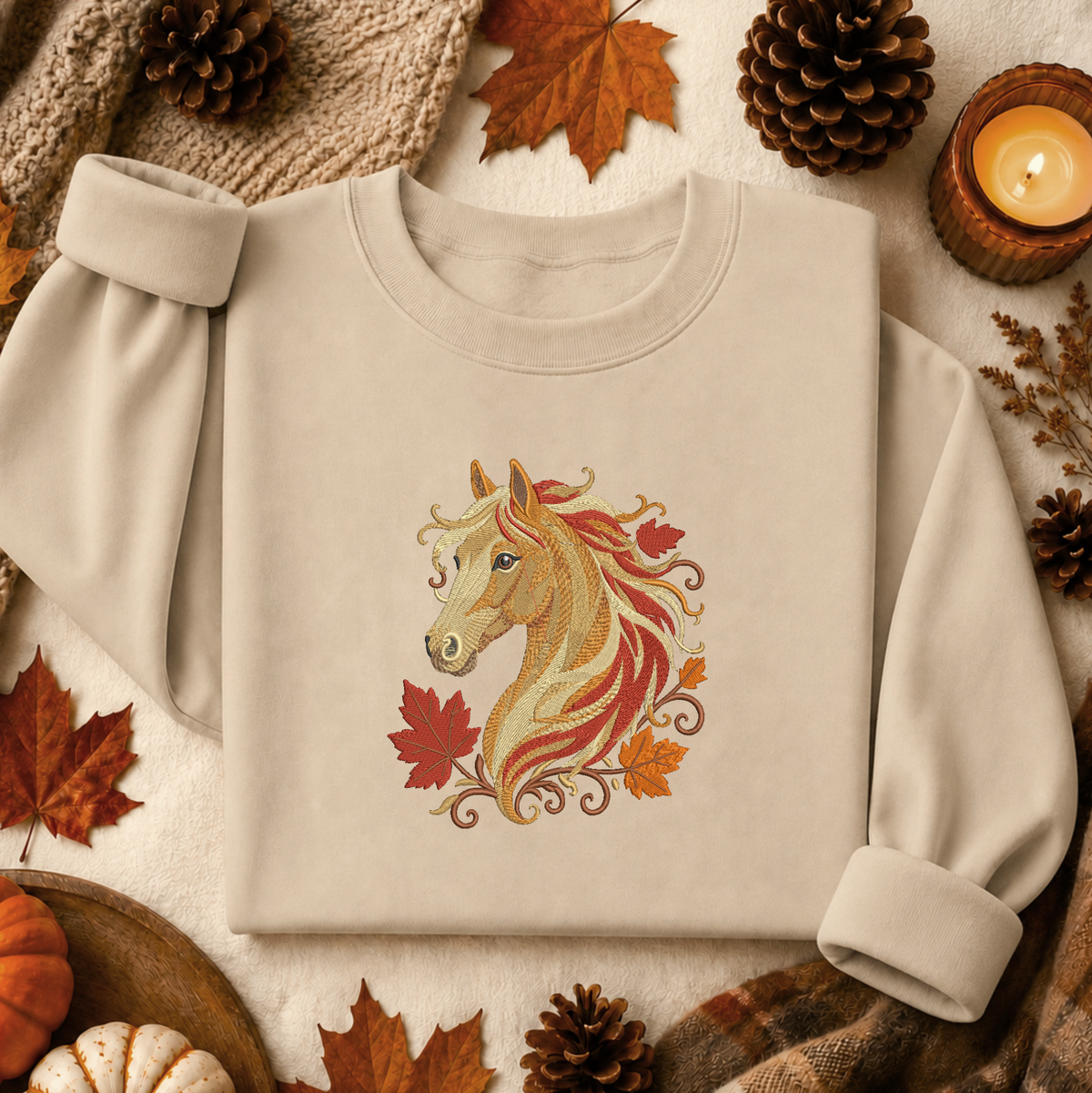 embroidered horse with fall autumn leaves on a beige sweatshirt
