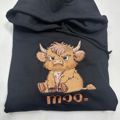Grumpy Highland Cow Embroidered YOUTH Hoodie / Crewneck Sweatshirt Kids Boy Girl Unisex