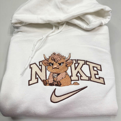 Nike Grumpy Highland Cow Embroidered ADULT Hoodie / Crewneck Sweatshirt Unisex Farm Fluffy Cow