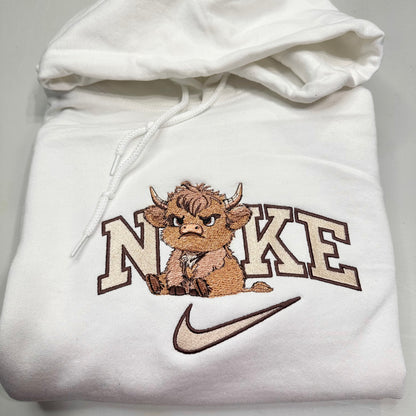 Nike Grumpy Highland Cow Embroidered YOUTH Hoodie / Crewneck Sweatshirt Kids Boy Girl Unisex Farm Fluffy Cow