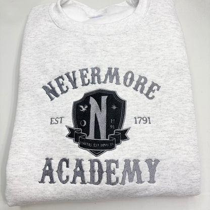 Wednesday Nevermore Academy Embroidered ADULT Hoodie / Crewneck Sweatshirt Unisex Addams Family Goth Witch Magic GRAY THREAD