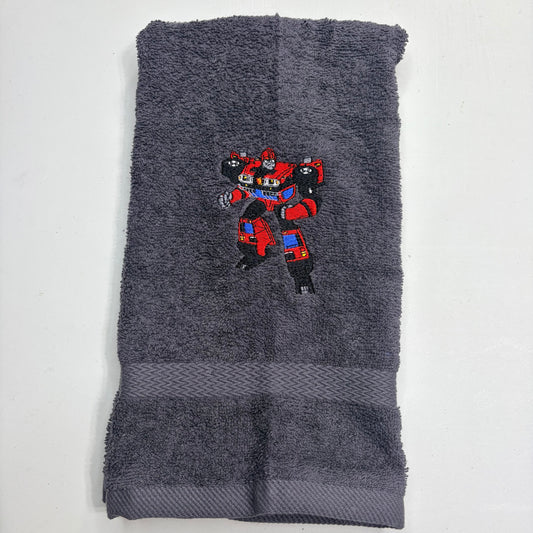 ironside transformer embroidered on a gray towel