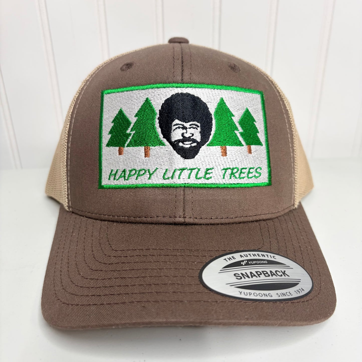 Happy Little Trees Embroidered Hat Yupoong Retro Trucker Mesh Snapback Casual Funny Brown Khaki Hat