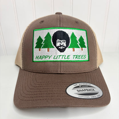 Happy Little Trees Embroidered Hat Yupoong Retro Trucker Mesh Snapback Casual Funny Brown Khaki Hat