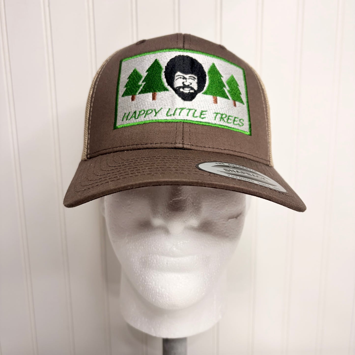 Happy Little Trees Embroidered Hat Yupoong Retro Trucker Mesh Snapback Casual Funny Brown Khaki Hat