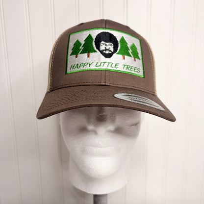 Happy Little Trees Embroidered Hat Yupoong Retro Trucker Mesh Snapback Casual Funny Brown Khaki Hat