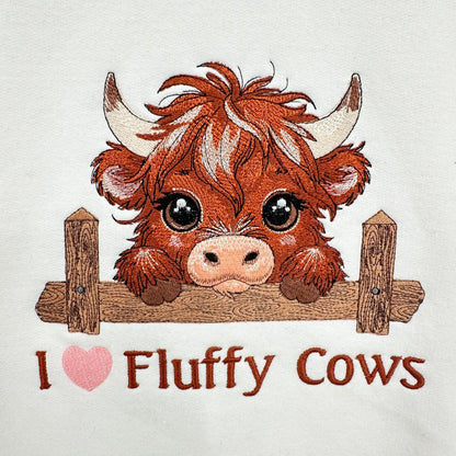 Highland Cow I Love Fluffy Cows Embroidered YOUTH Crewneck Sweatshirt