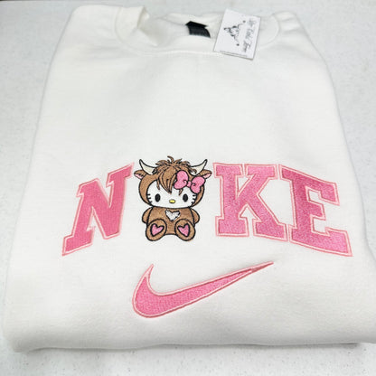 Nike Hello Kitty Highland Cow Embroidered ADULT Hoodie / Crewneck Sweatshirt Unisex