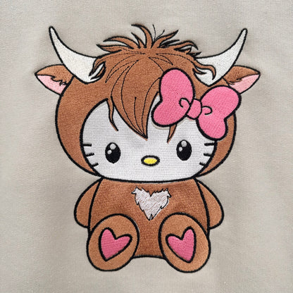 Hello Kitty Highland Cow Embroidered ADULT Hoodie / Crewneck Sweatshirt Unisex