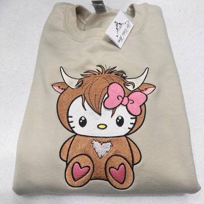 Hello Kitty Highland Cow Embroidered ADULT Hoodie / Crewneck Sweatshirt Unisex