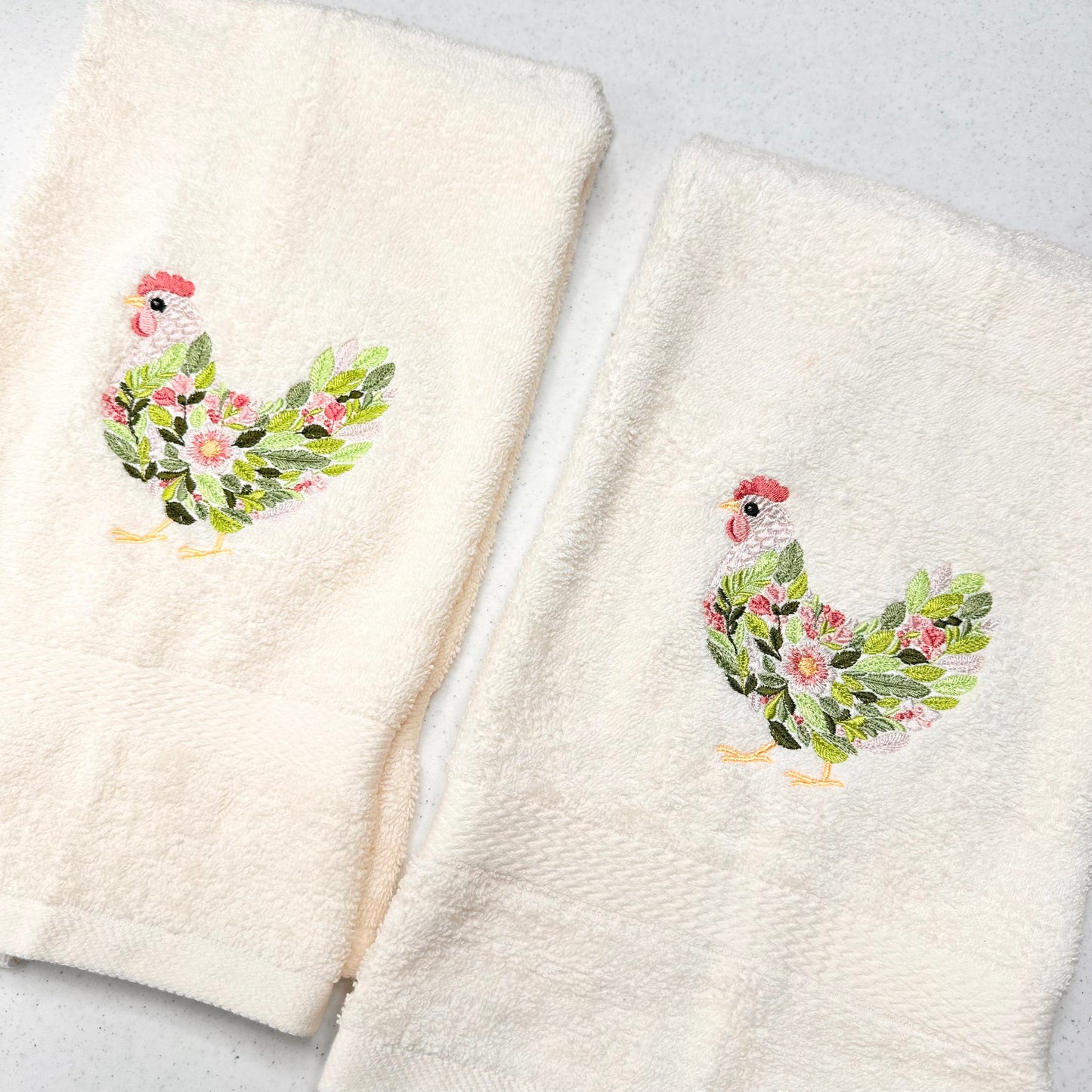 Chicken Towels Embroidered Hand Towel Set Hen Rooster Beige Brown Bathroom Home Farm Decor