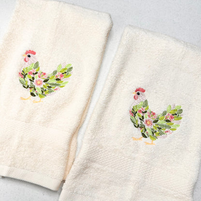 Chicken Towels Embroidered Hand Towel Set Hen Rooster Beige Brown Bathroom Home Farm Decor