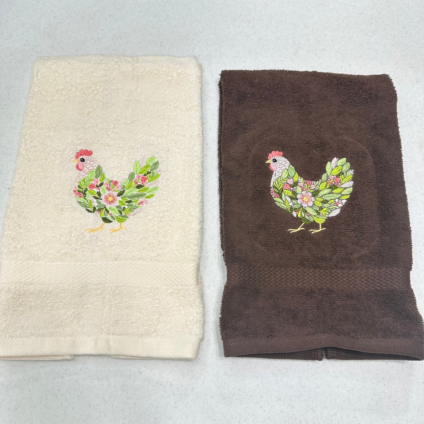 Chicken Towels Embroidered Hand Towel Set Hen Rooster Beige Brown Bathroom Home Farm Decor