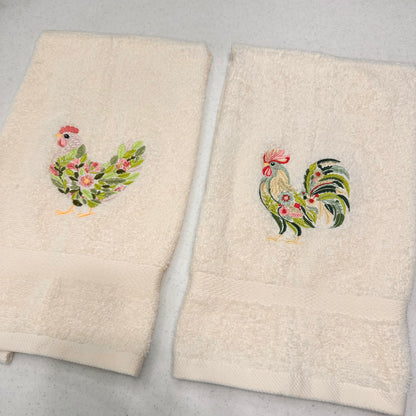 Chicken Towels Embroidered Hand Towel Set Hen Rooster Beige Brown Bathroom Home Farm Decor