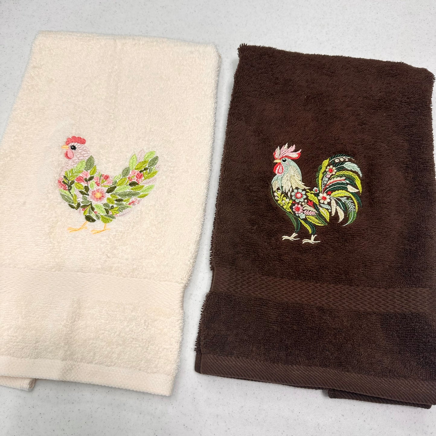 Chicken Towels Embroidered Hand Towel Set Hen Rooster Beige Brown Bathroom Home Farm Decor