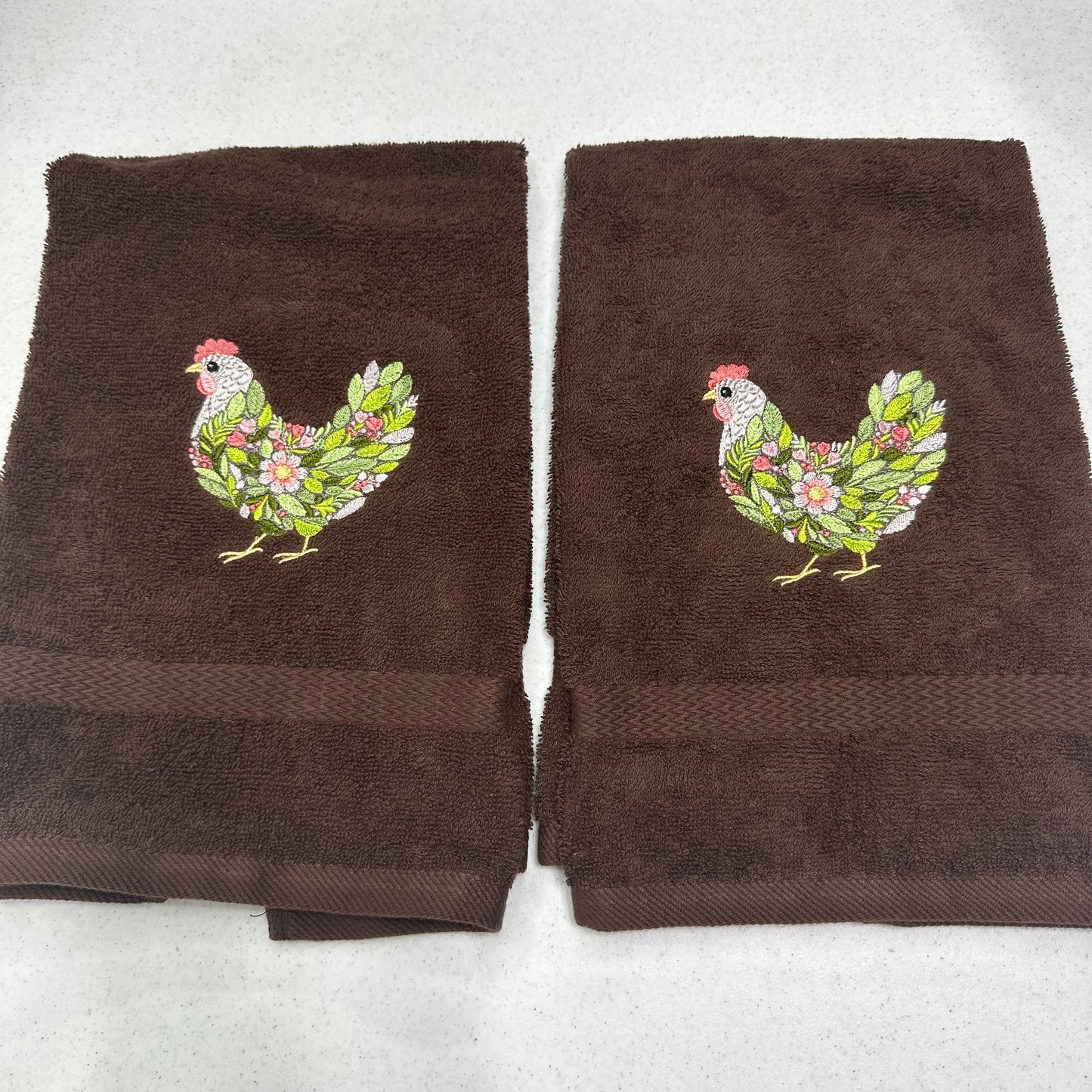 Chicken Towels Embroidered Hand Towel Set Hen Rooster Beige Brown Bathroom Home Farm Decor
