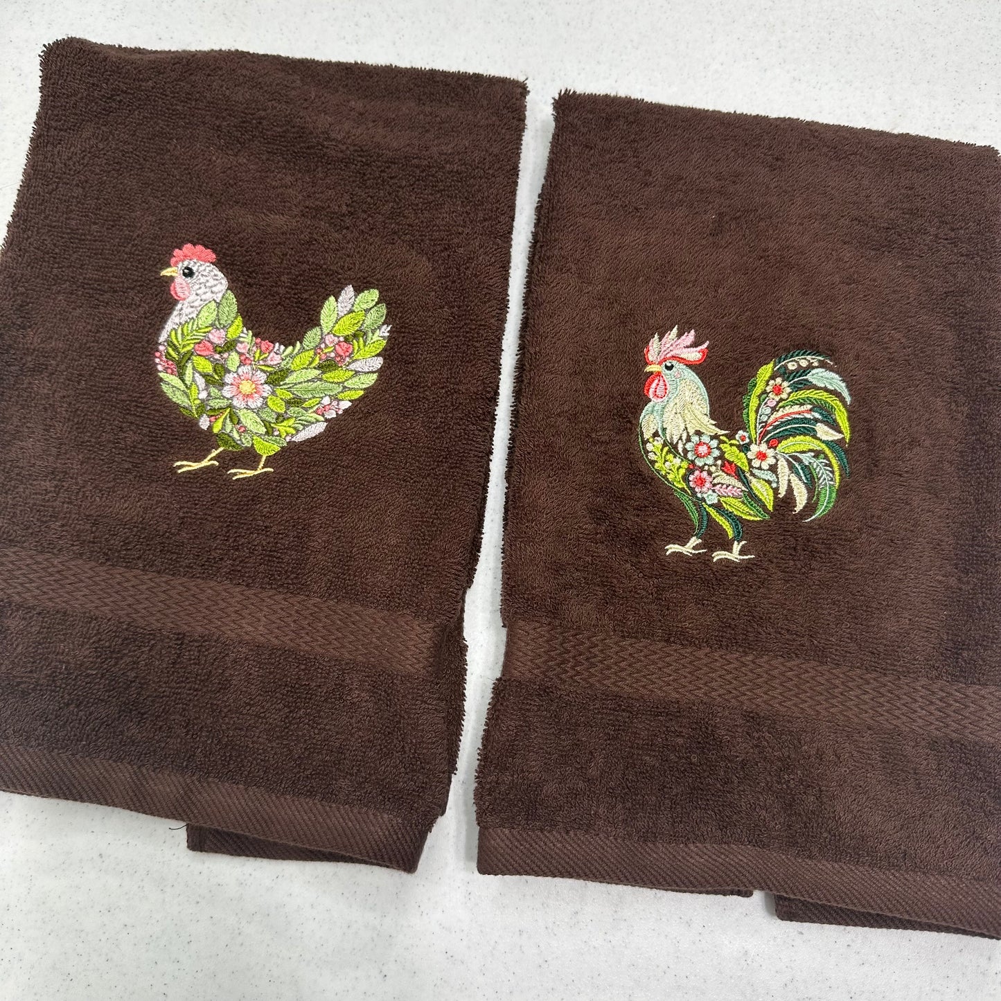 Chicken Towels Embroidered Hand Towel Set Hen Rooster Beige Brown Bathroom Home Farm Decor