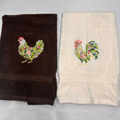 Chicken Towels Embroidered Hand Towel Set Hen Rooster Beige Brown Bathroom Home Farm Decor