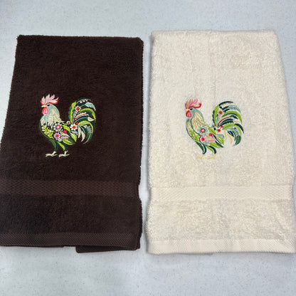 Chicken Towels Embroidered Hand Towel Set Hen Rooster Beige Brown Bathroom Home Farm Decor