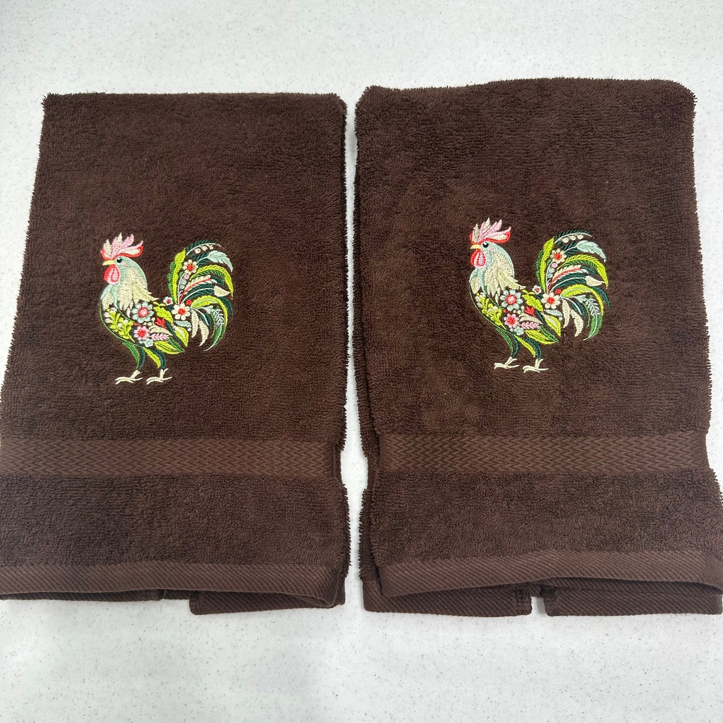 Chicken Towels Embroidered Hand Towel Set Hen Rooster Beige Brown Bathroom Home Farm Decor