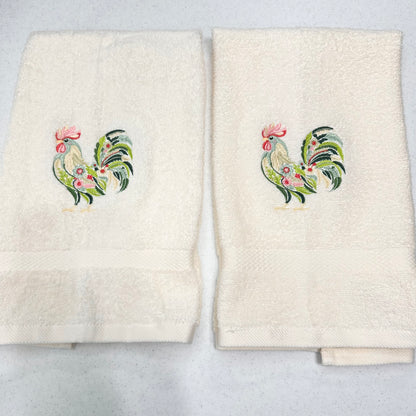 Chicken Towels Embroidered Hand Towel Set Hen Rooster Beige Brown Bathroom Home Farm Decor