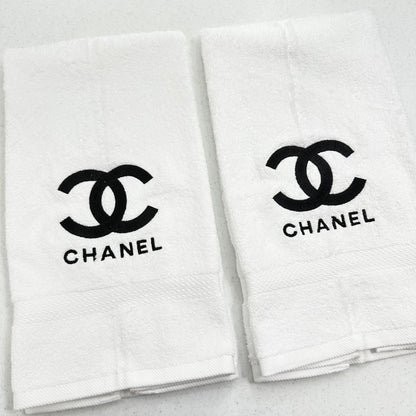Chanel Style Towels Embroidered Hand Towel Set White Black Bathroom Decor