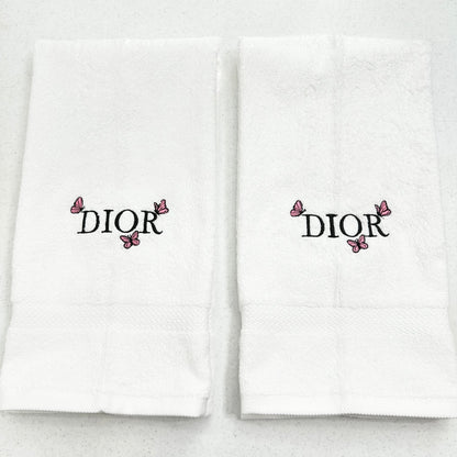 DIOR Style Towels Embroidered Hand Towel Set White Black Pink Butterflies Bathroom Decor