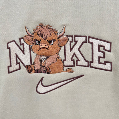 Nike Grumpy Highland Cow Embroidered ADULT Hoodie / Crewneck Sweatshirt Unisex Farm Fluffy Cow