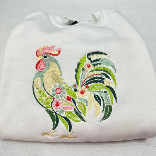 Chicken Sweatshirt Embroidered Floral Rooster Adult Unisex Crewneck Sweatshirt Farm Animal