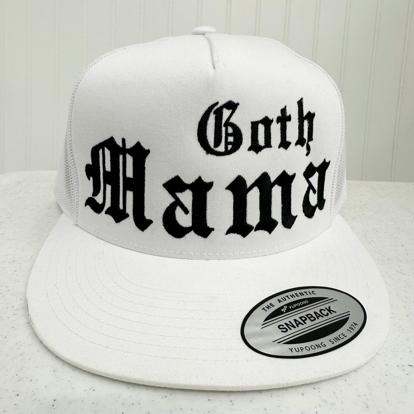 YP Classics Goth Mama Trucker Hat Embroidered White Unisex Mom Gift
