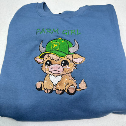 Highland Cow John Deere Farm Girl Embroidered ADULT Hoodie / Crewneck Sweatshirt Unisex