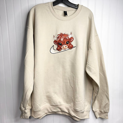 Nike Highland Cow Swoosh Embroidered ADULT Hoodie / Crewneck Sweatshirt Unisex Farm Animal