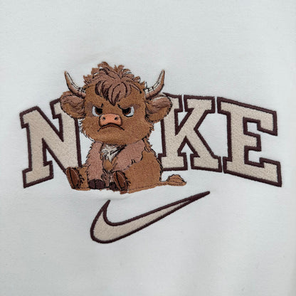 Nike Grumpy Highland Cow Embroidered YOUTH Hoodie / Crewneck Sweatshirt Kids Boy Girl Unisex Farm Fluffy Cow