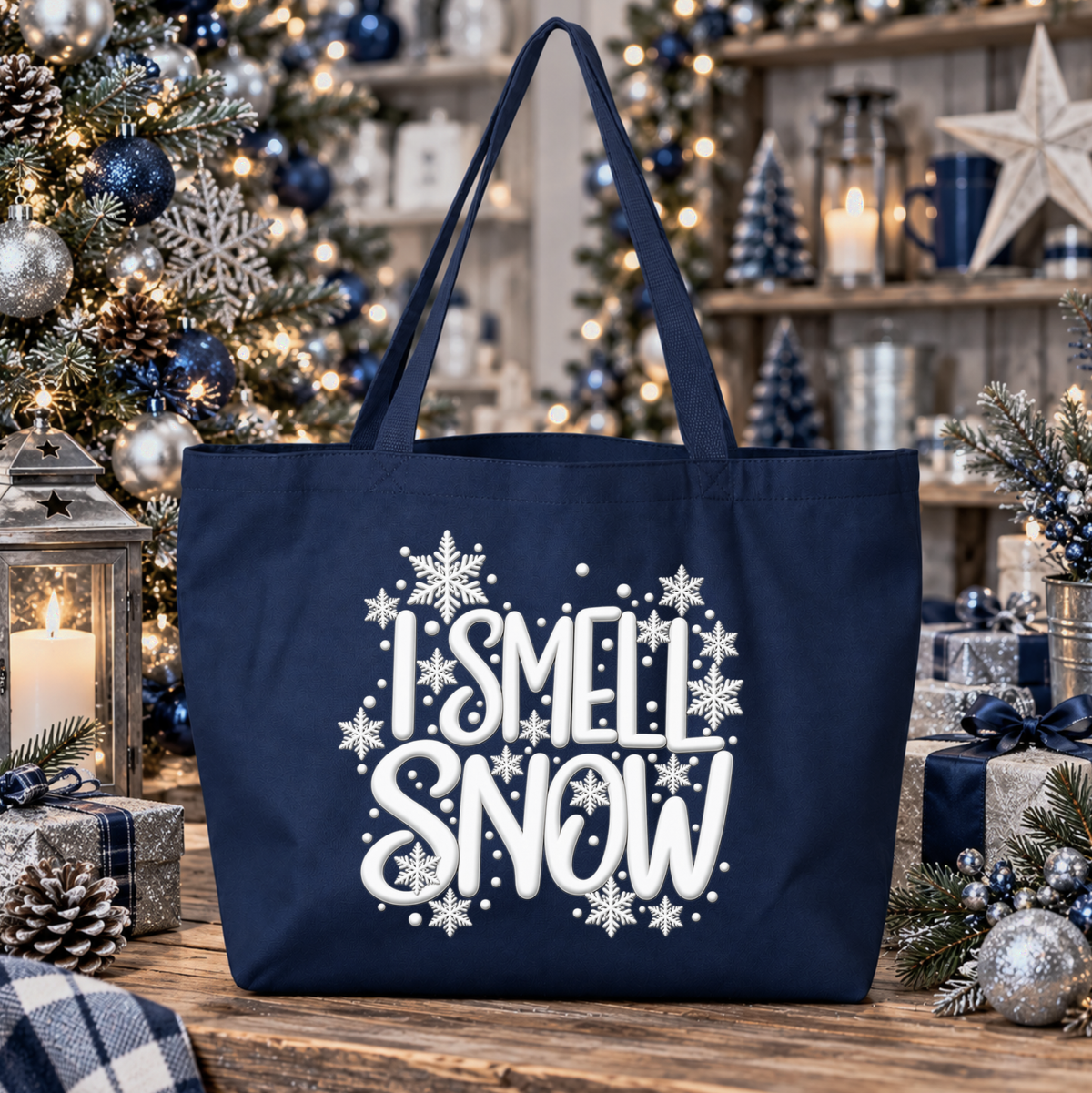 A navy blue canvas tote bag with white 'I SMELL SNOW' text and snowflake graphics, displayed on a rustic wooden table surrounded by Christmas decorations including a tree, lanterns, and wrapped gifts.