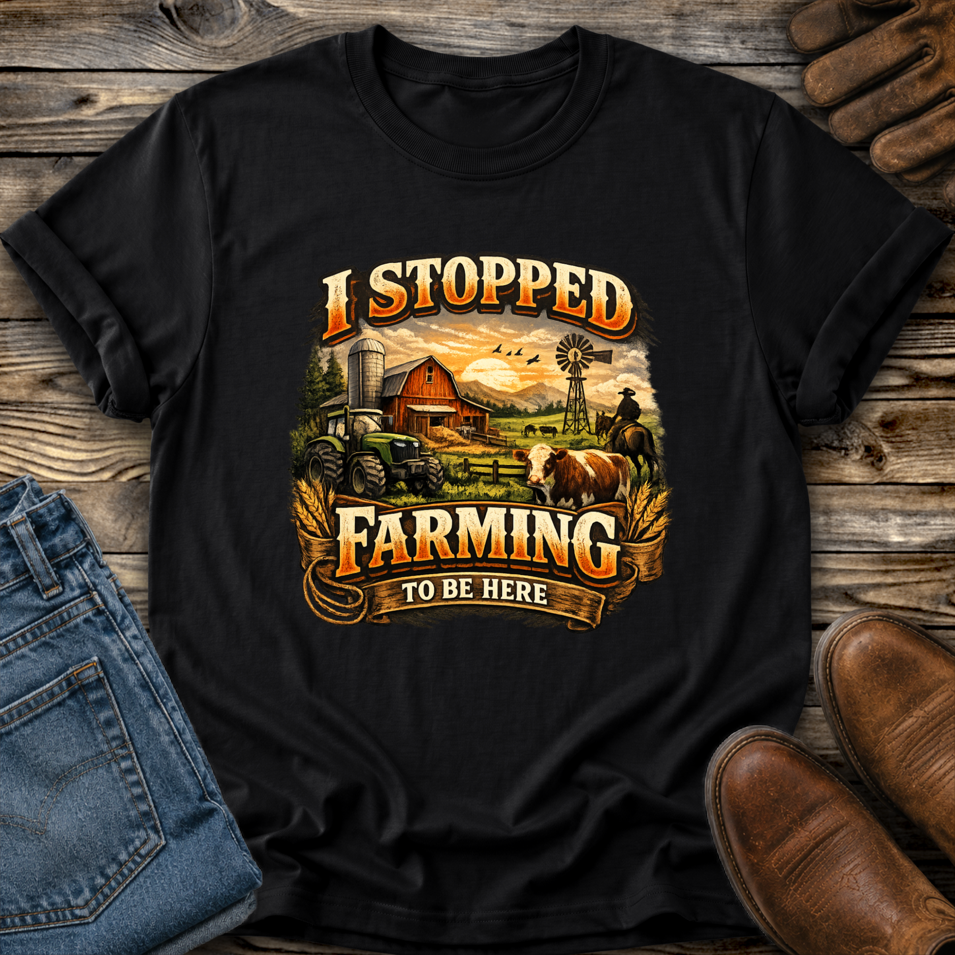 black tshirt with farm scene graphic that says I stopped farming to be here on it
