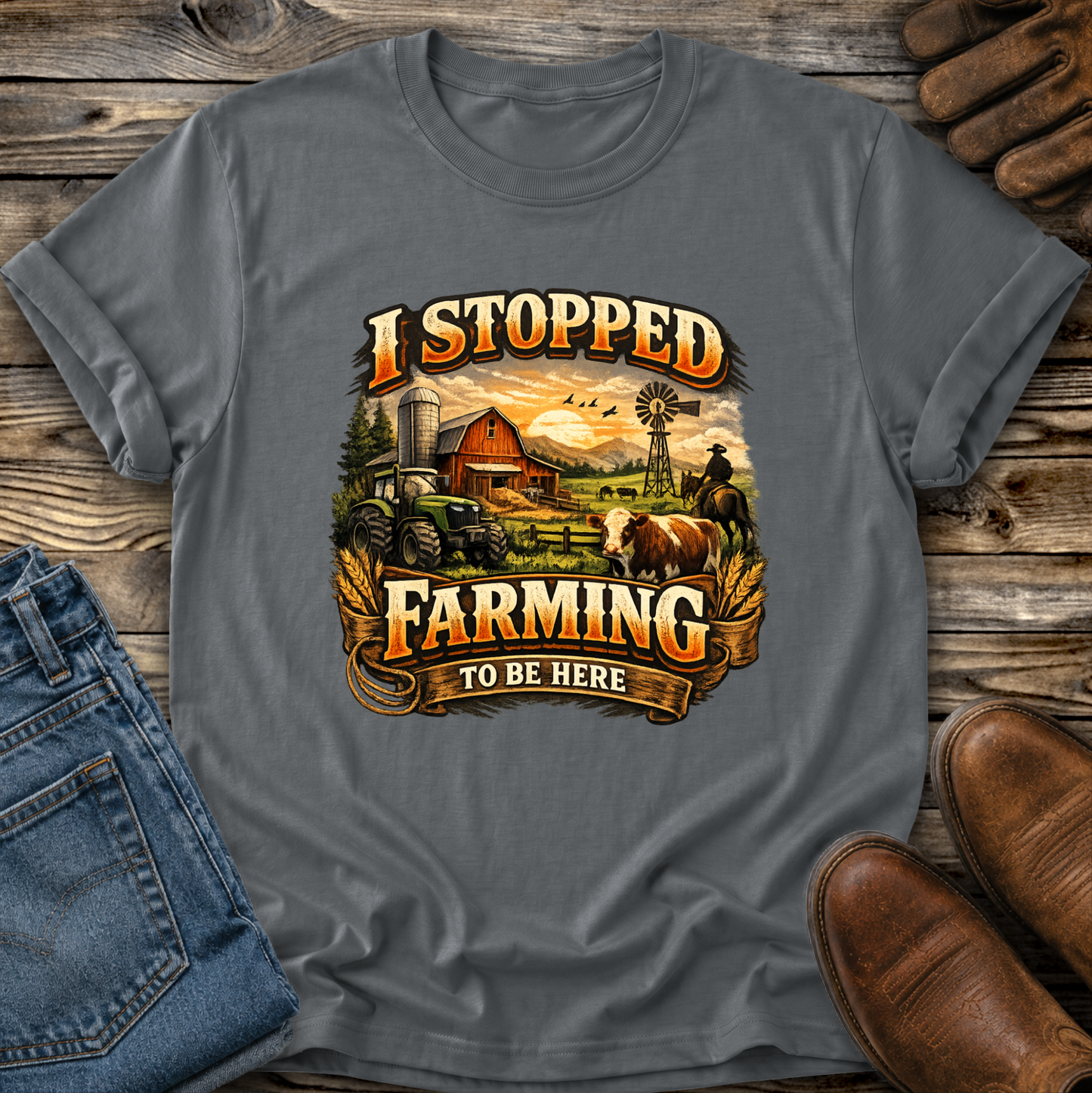 gray tshirt with farm scene graphic that says I stopped farming to be here on it