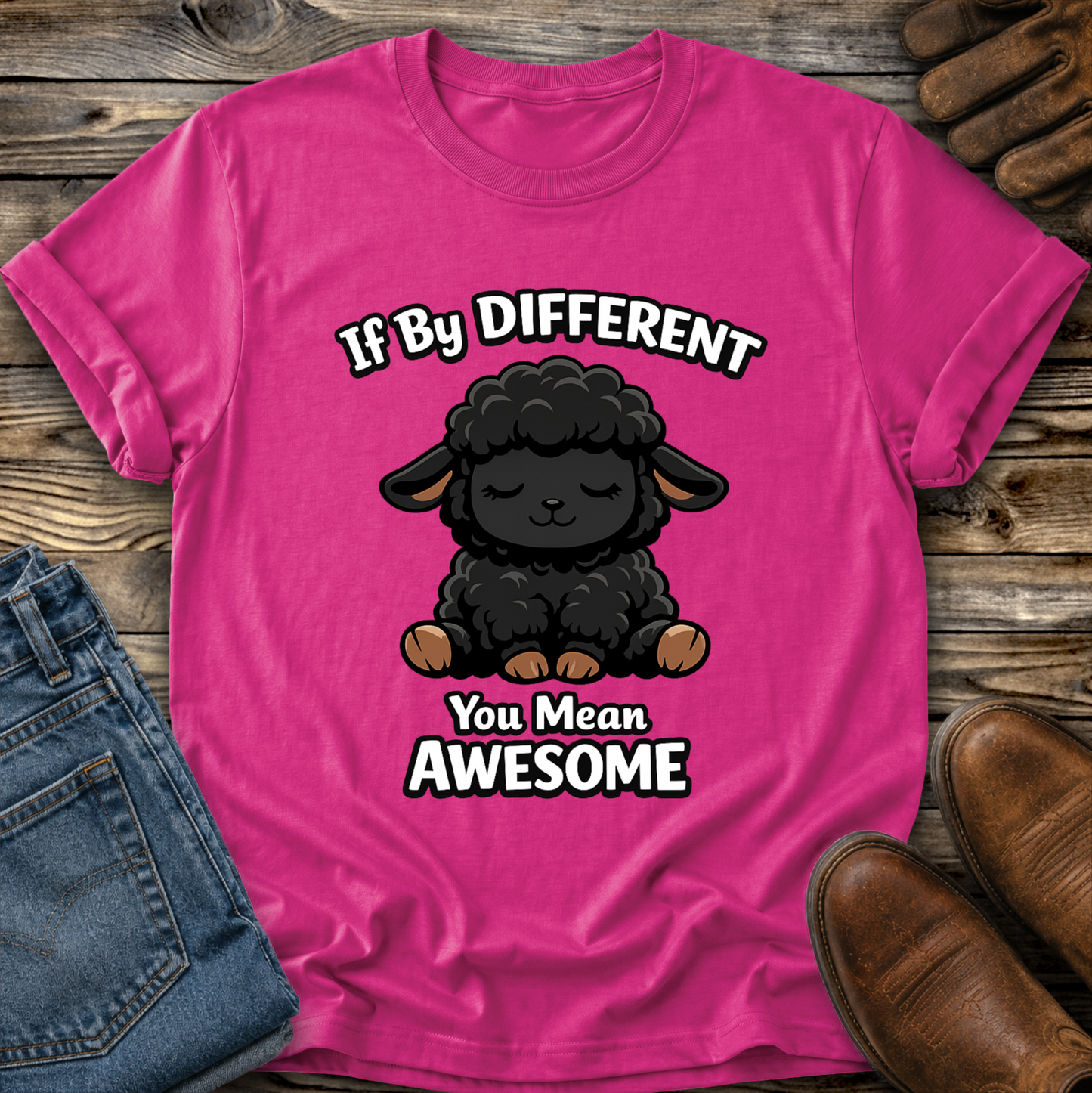 hot pink tshirt with a black sheep graphic that says if by different you mean awesome on it
