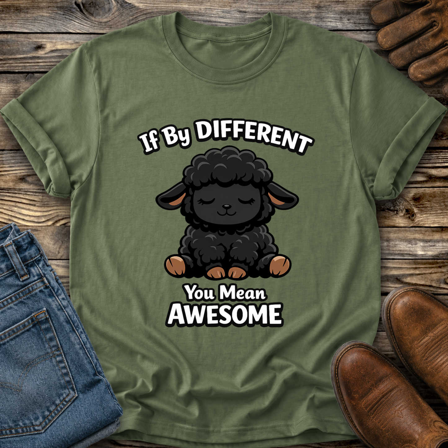 green tshirt with a black sheep graphic that says if by different you mean awesome on it