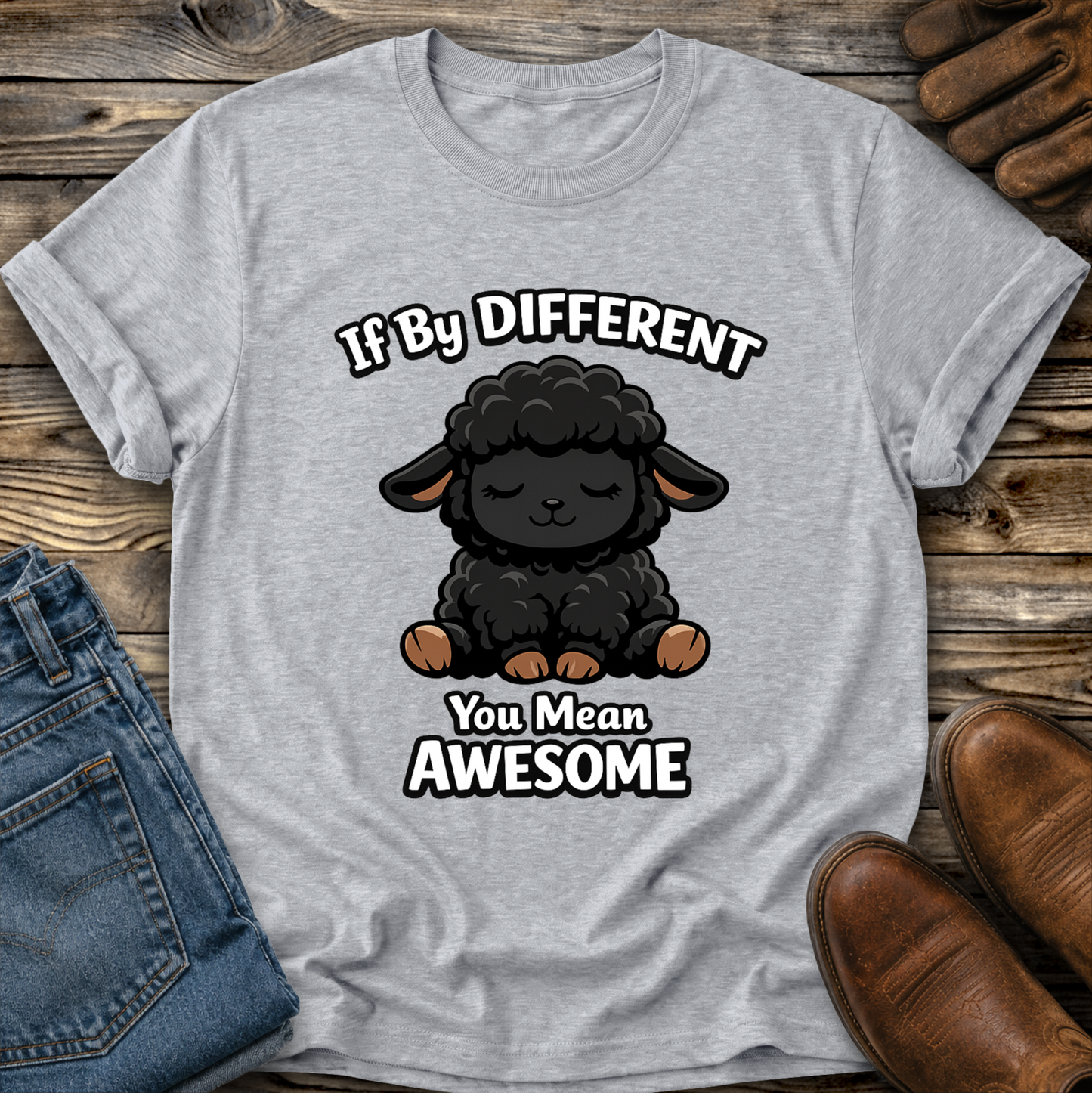 gray tshirt with a black sheep graphic that says if by different you mean awesome on it