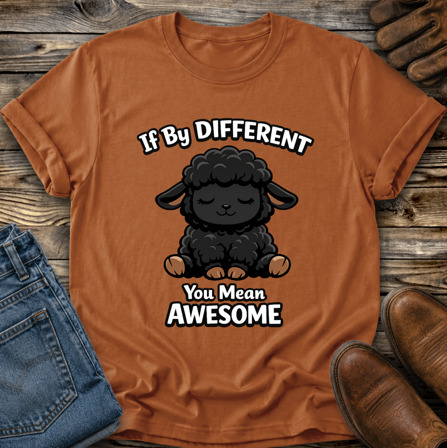 orange tshirt with a black sheep graphic that says if by different you mean awesome on it