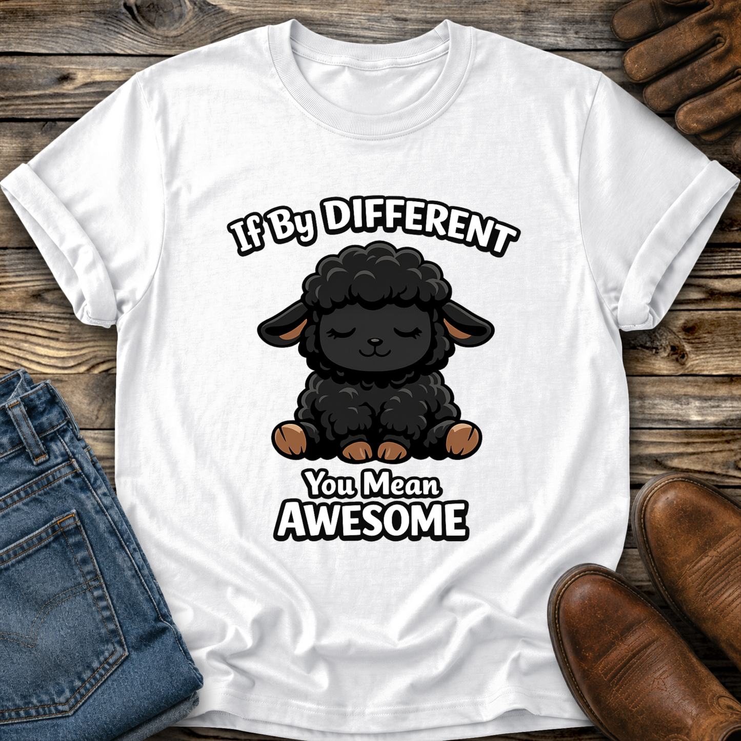 white tshirt with a black sheep graphic that says if by different you mean awesome on it