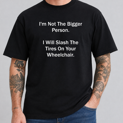 A man wearing a black short-sleeve t-shirt with white printed text that reads, 'If I Die Choking On A Gummy Bear, Tell Everyone I Was Killed By A Bear And Say No More.